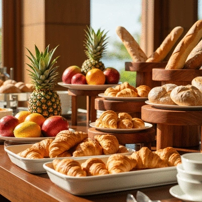 Luxurious hotel breakfast buffet spread with fresh fruit and pastries