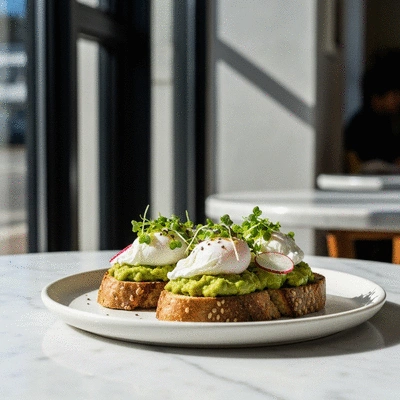 Gourmet avocado toast with poached eggs and microgreens on a marble table