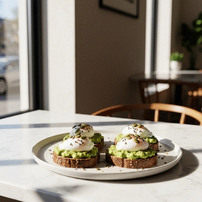 Gourmet gluten-free avocado toast with poached eggs on a marble table