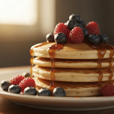 A close up of a gluten-free berry pancake stack with fresh fruit in a bright cafe setting