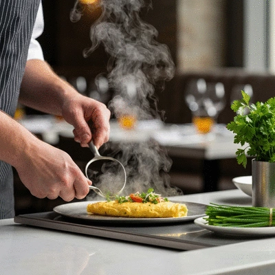 Chef preparing a custom omelette at a live cooking station