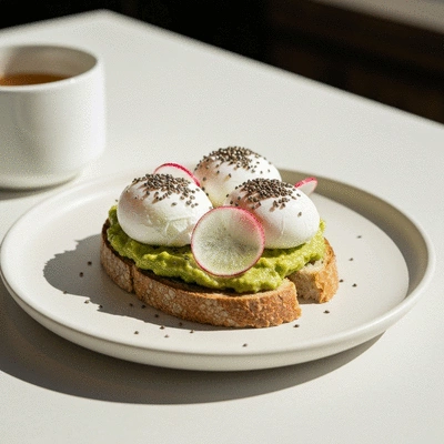Gourmet avocado toast with poached eggs and seeds on a rustic plate