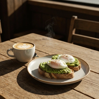 Delicious avocado toast and specialty coffee on a rustic cafe table