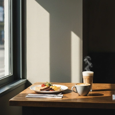 Cozy cafe table with coffee and breakfast plate in a sunlit Fitzroy cafe