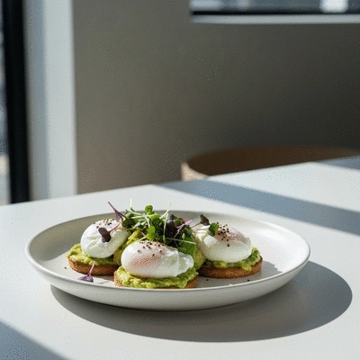 Gourmet vegetarian brunch dish with poached eggs and avocado on a rustic plate