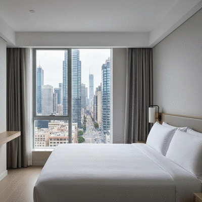 Modern hotel bedroom with bright natural light and city view