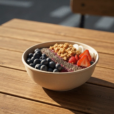 Bright acai bowl topped with fresh berries, nuts, and seeds in a rustic cafe setting