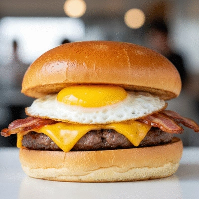 Close up of a gourmet breakfast burger with melted cheese and fresh greens