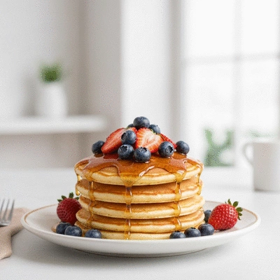Fluffy pancakes topped with fresh berries and maple syrup in a bright cafe setting