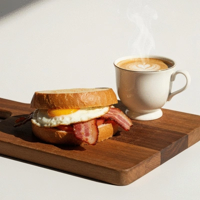 Delicious bacon and egg roll on a rustic wooden table with coffee