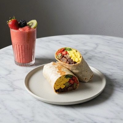 Close up of a gourmet breakfast burrito and a fresh fruit smoothie in a modern Melbourne cafe setting