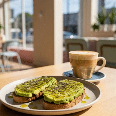 A vibrant vegan breakfast spread with avocado toast and coffee in a Melbourne cafe