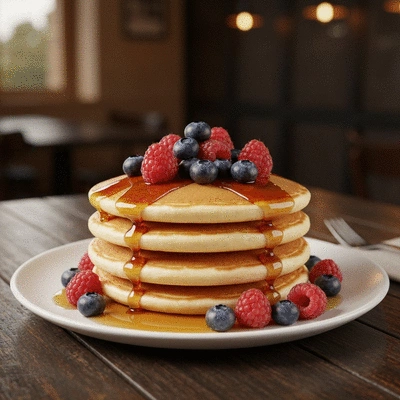 Gourmet stack of fluffy pancakes with maple syrup and berries in a moody cafe setting