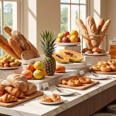 Gourmet breakfast buffet spread with fresh pastries and fruit