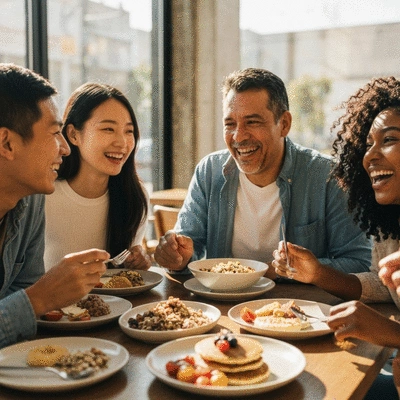 A diverse group of friends enjoying a halal brunch in a modern Melbourne cafe