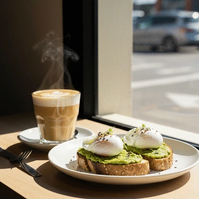 A colorful plate of avocado toast and coffee on a rustic wooden table in a sunlit cafe