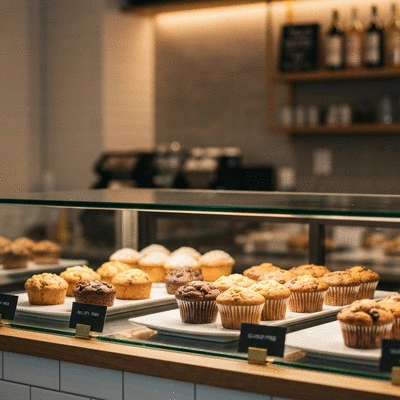 Modern cafe interior with a variety of gluten-free pastries on glass display